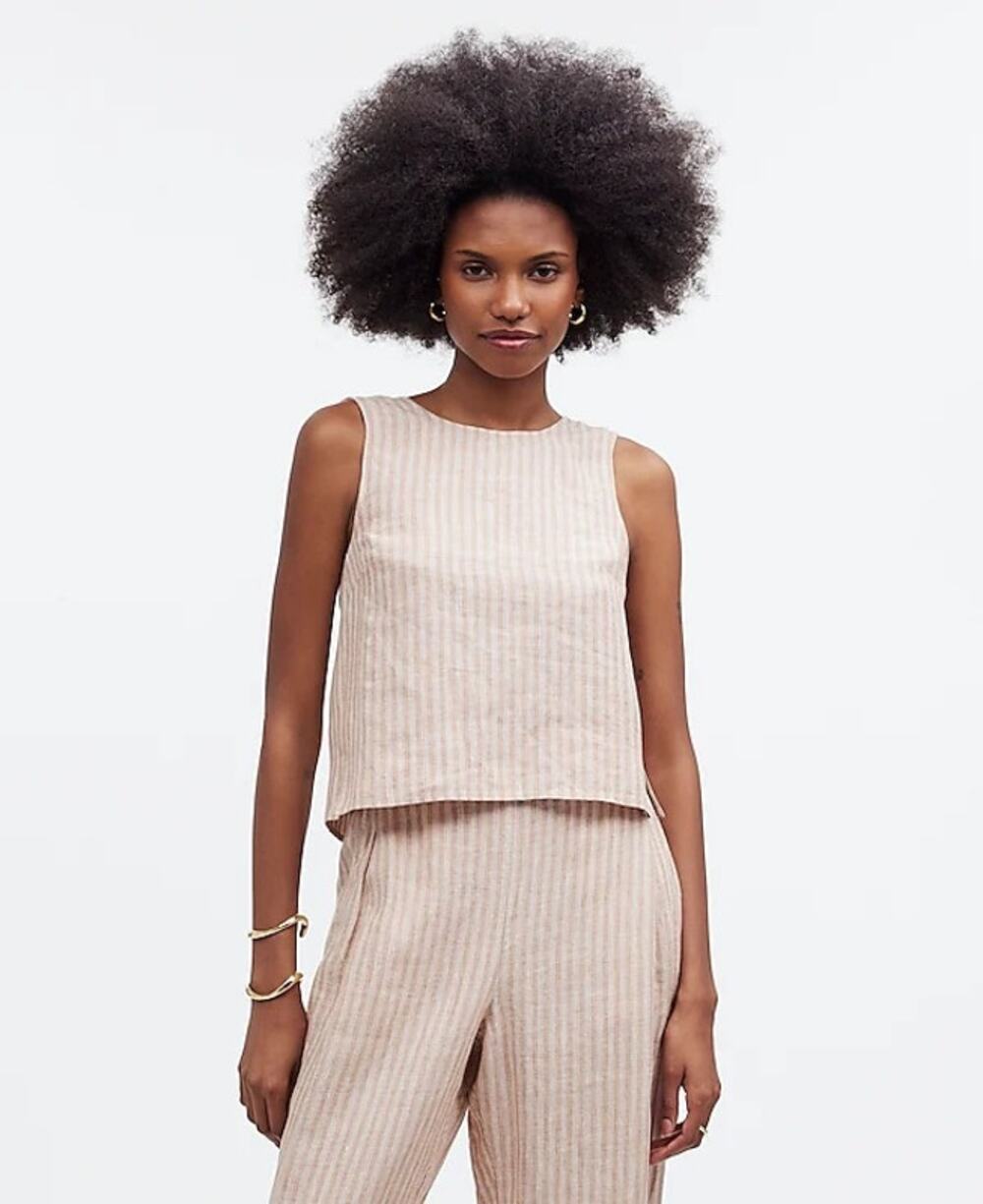 NWT Madewell Women's Striped Tie-Back Scoop Neck Top in 100% Linen Miso Size 0